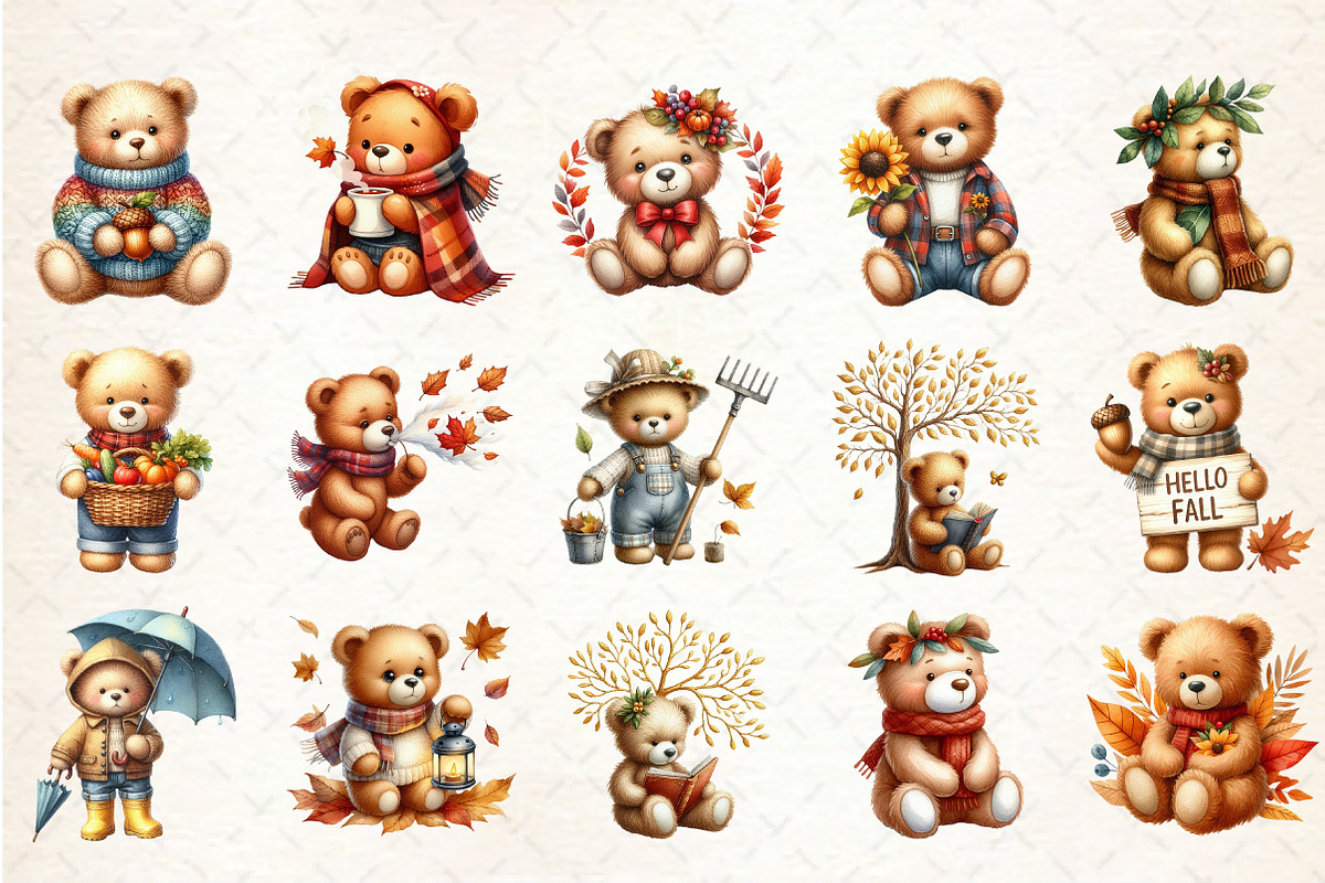 Watercolor Autumn Teddy Bear Clipart, an Illustration by Rose Art (Photo 2 of 5)