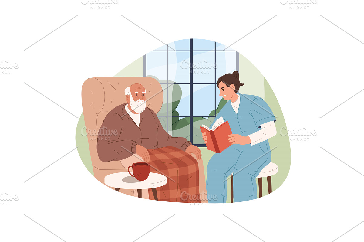 Nurse read to elderly man at nursery, a Healthcare Illustration by Elegant Solution