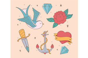 tattoo old school icons, an Illustration by studiogstock
