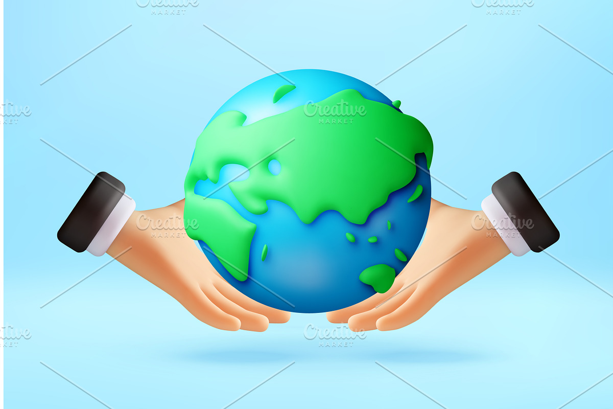 3D Cartoon hands holding Earth globe, an Illustration by Abscent