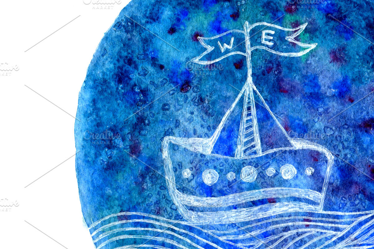 Watercolor waves pattern + Ship, a Pattern Graphic by inkionia♥ (Photo 3 of 3)