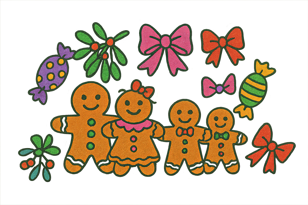 Gingerbread family and candies with, an Illustration by Dvoevnore photos