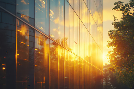 Golden Sunset Reflecting on Modern B, an Abstract Photo by Pixeness