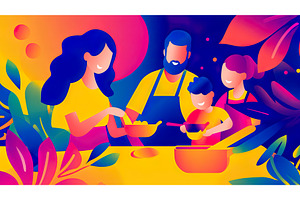 Family cooking together in a bright, a Food Illustration by Lermont51