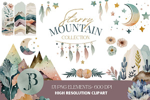 Boho Starry Night Mountain Clipart