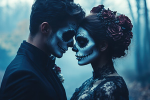 Gothic couple with Dia de los Muertos makeup, standing close together in a dark, a Holiday Photo by Mashimara