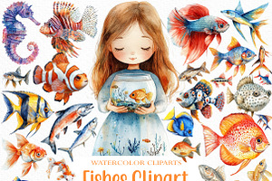 Watercolor Fishes Clipart, an Illustration by Craft Nest
