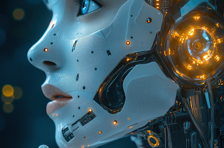 NLP Developer. A close-up of a futuristic humanoid robot with intricate circuit, a Person Photo by Textures & Backgrounds