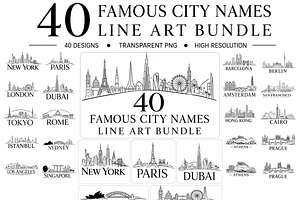 Famous City Names Line Art PNG
