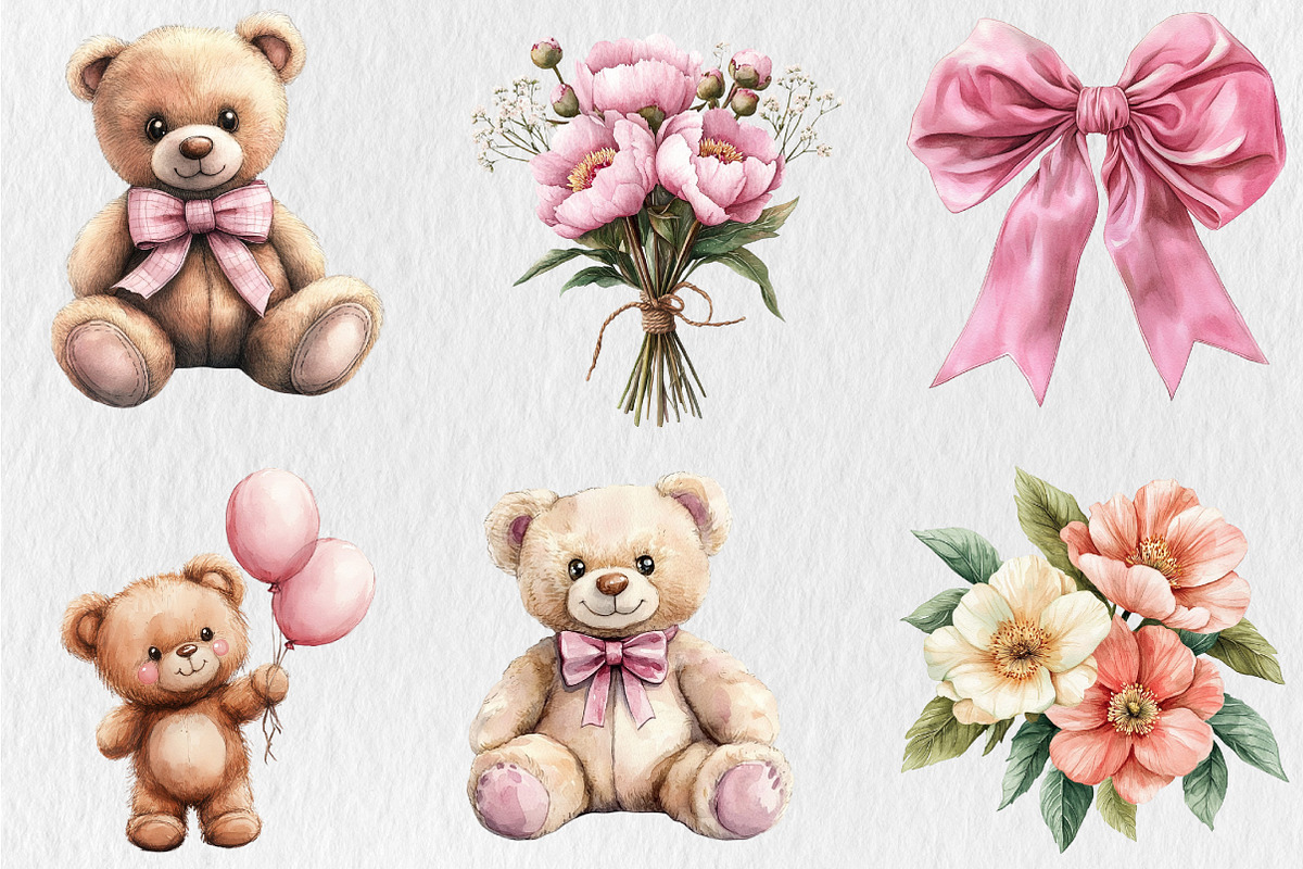 Watercolor Teddy Bear Clipart, a Seasonal Illustration by Rose Art (Photo 2 of 3)