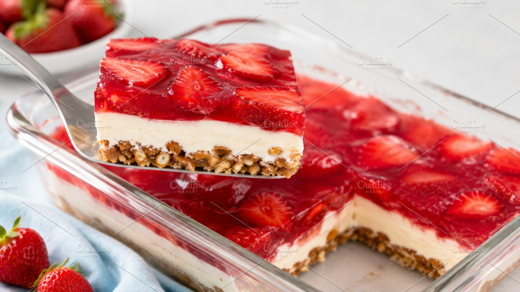 Strawberry jello salad in glass dish with cream layer and granol, a Photo by Dvoevnore photos
