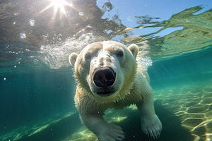 Polar bear swimming underwater in the pool