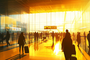 Busy Airport Terminal at Sunset with Silhouetted Travelers, an Abstract Photo by Natalia Klenova's Shop