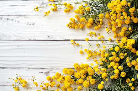 Mimosa flowers with copyspace for text on wooden table, a Nature Photo by AlyaAnd