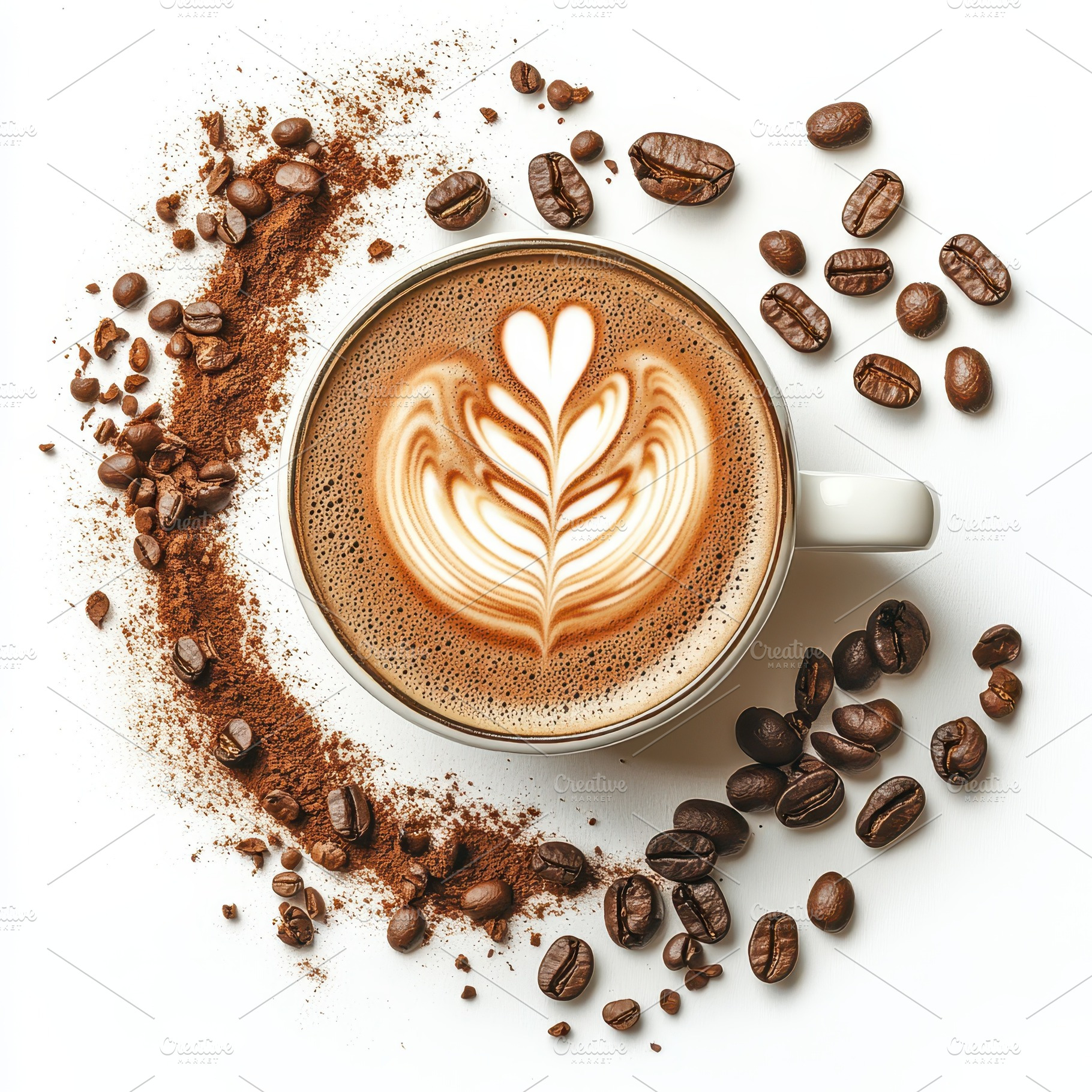 Latte art coffee cup beans powder de, a Food & Drink Photo by Pixeness Studio
