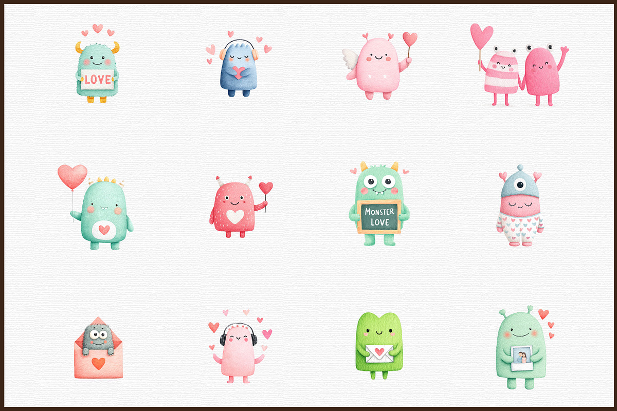 Cute Monster Valentines Clipart, an Illustration by Sublimation Artist (Photo 3 of 6)