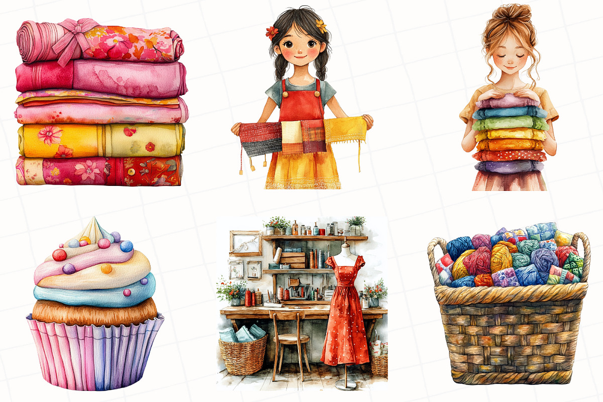 Watercolor Summer Sewing Clipart, an Illustration by OK Design (Photo 3 of 5)
