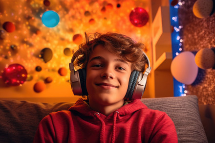 Adolescent boy listening to music with fun headphones in his roo, a Person Photo by designvectx