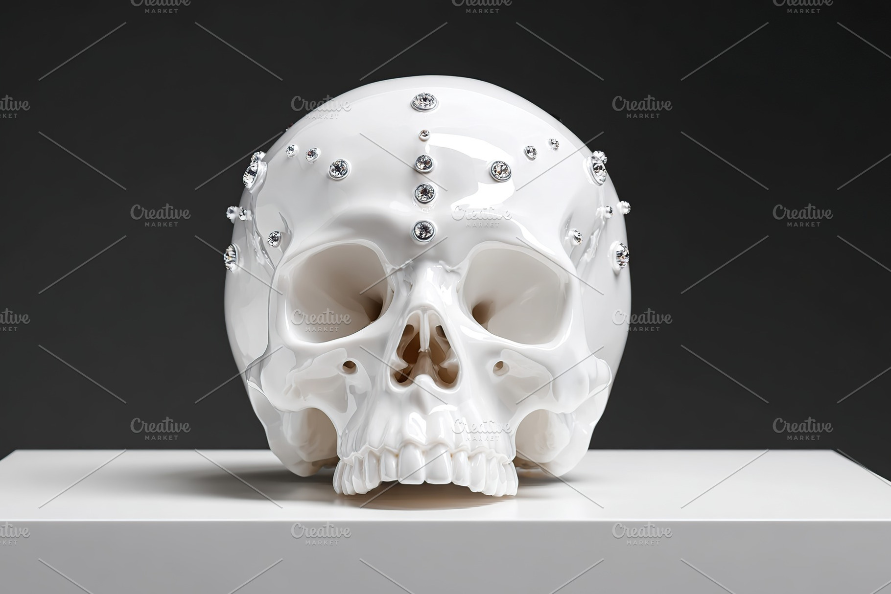 Skull sculpture adorned with crystals displayed on a pedestal in an art gallery, a Photo by AlyaAnd