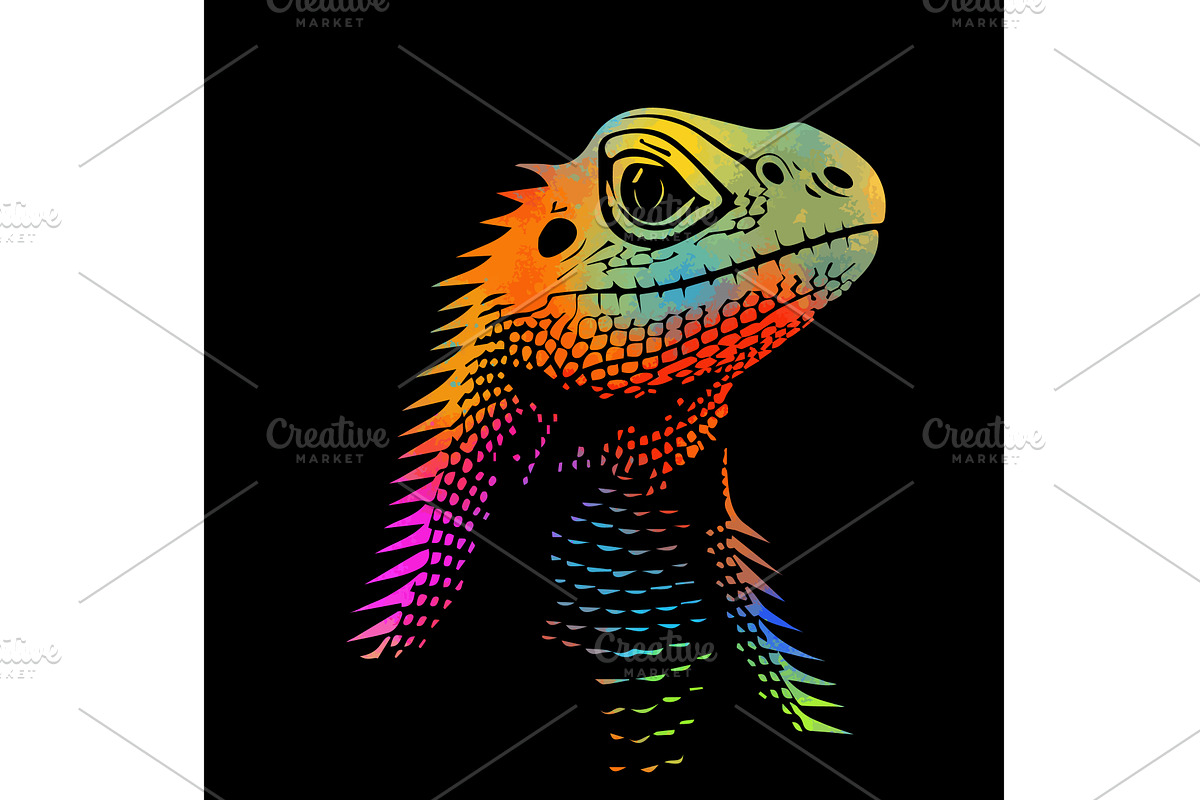 colored Lizard head on black, an Animal Illustration by Nenahliadava Design
