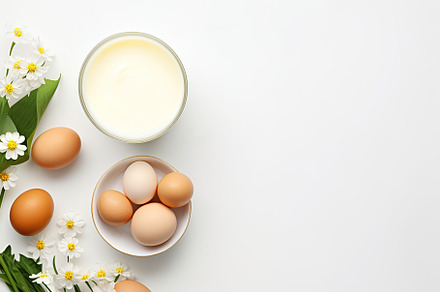 Fresh dairy products on white background, a Food & Drink Photo by AlyaAnd