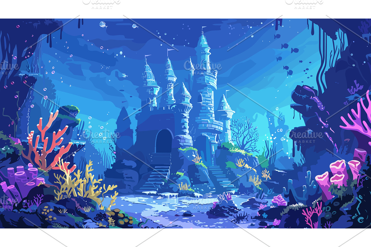 Cartoon magical underwater castle, an Animal Illustration by LadadikArt