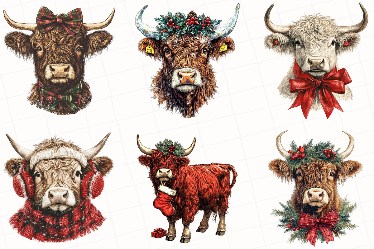 Christmas Highland Cow Clipart, an Illustration by OK Design (Photo 4 of 5)