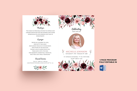 Floral Burgundy Funeral Program WORD