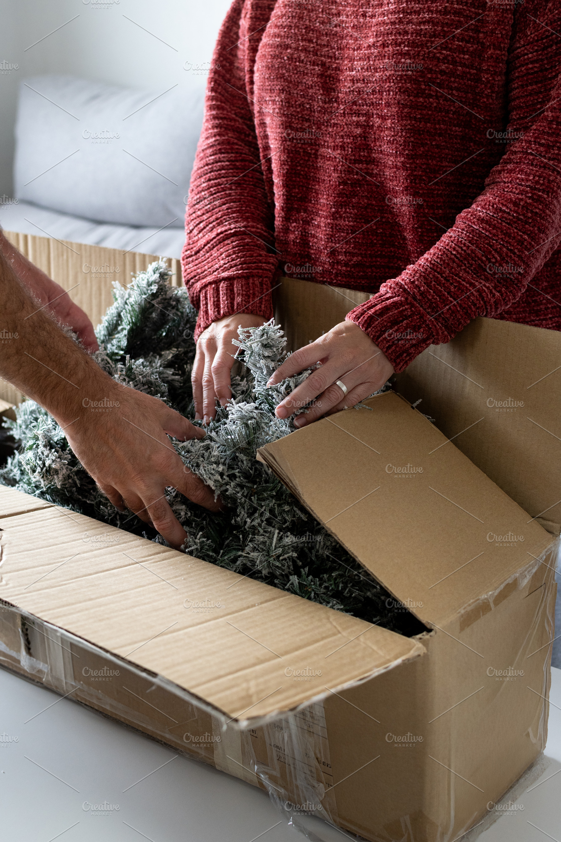 Young couple unpacking Artificial Christmas Tree from Storage Box at home, a Holiday Photo by etorres69