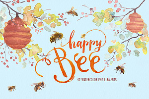 Watercolor happy bee clipart set