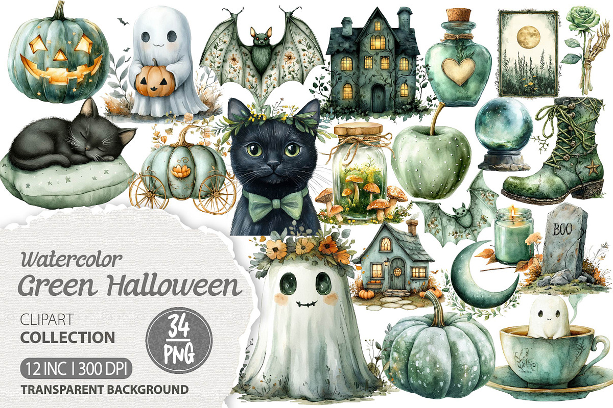 Sage Green Halloween Clipart, an Illustration by Dream Creation (Photo 1 of 7)