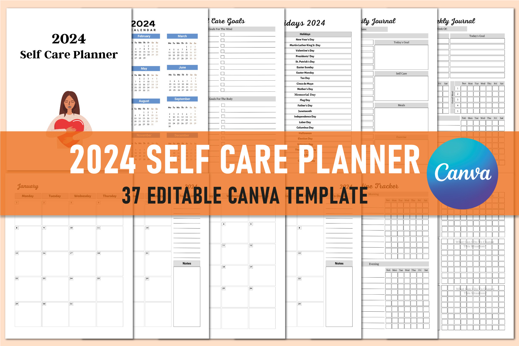Editable 2024 Self Care Planner Canva