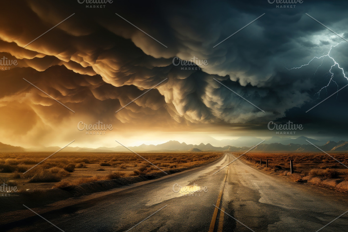 Dirty road in desert during storm, o, an Illustration by Lopatin Photo