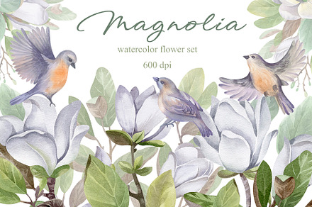 Watercolor Magnolia Flower Set