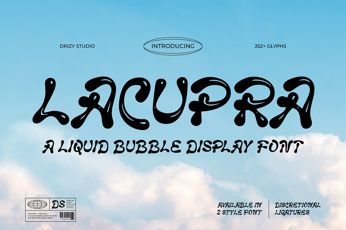 Lacupra - Liquid Bubble Display Font, a Sans Serif Font by Drizy (Photo 1 of 10)