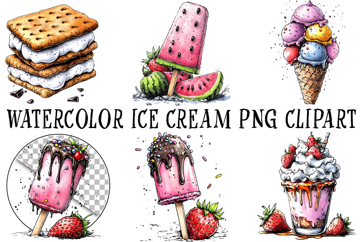 Watercolor Ice Cream PNG Clipart, a Seasonal Illustration by OK Design (Photo 2 of 6)