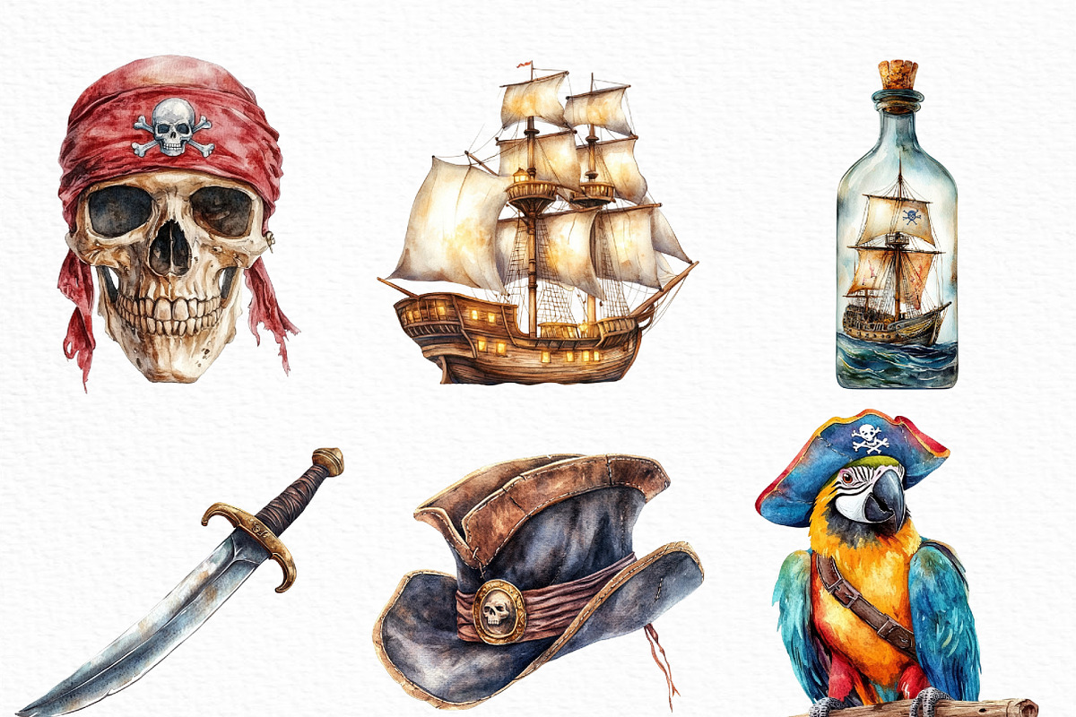 Watercolor Piratecore Clipart Bundle, an Illustration by Craft Nest (Photo 3 of 6)