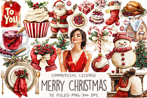 Watercolor Merry Christmas Clipart, an Illustration by OK Design