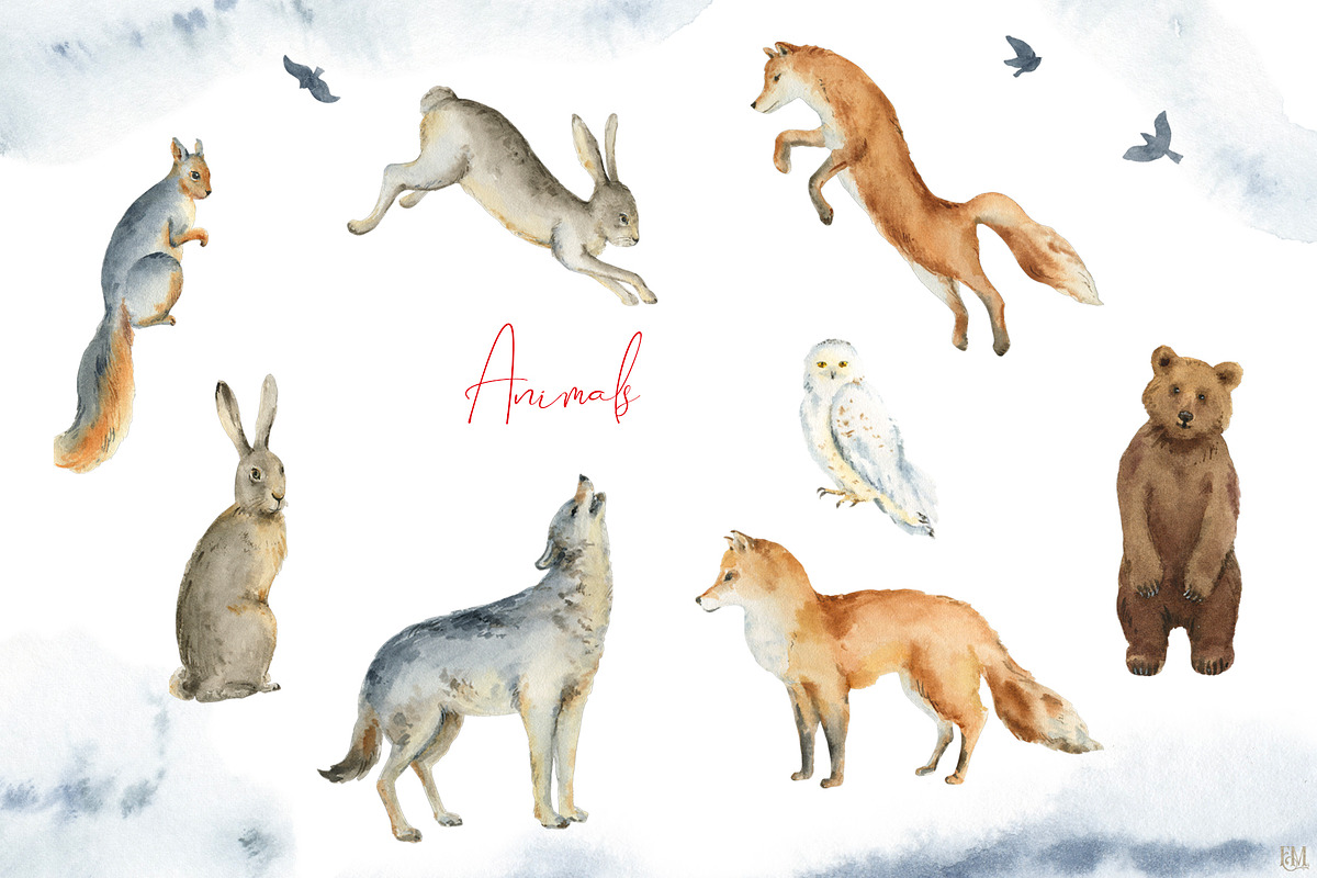 Christmas time 2. Watercolor clipart, an Animal Illustration by Elena Medvedeva (Photo 7 of 10)