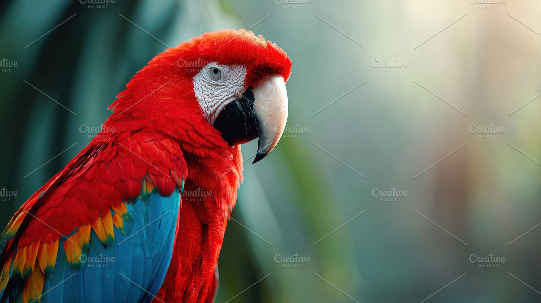 Vibrant red parrot in lush tropical setting, an Animal Photo by AlyaAnd