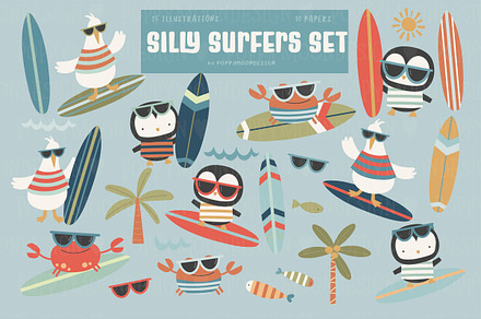 Silly Surfers clipart & paper set