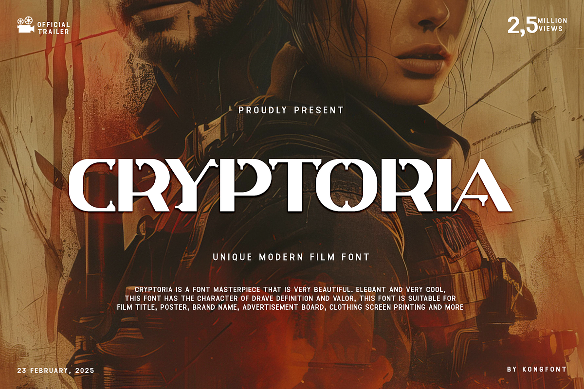 Cryptoria - Unique Modern Film Font, a Sans Serif Font by overlaytemplates (Photo 1 of 5)