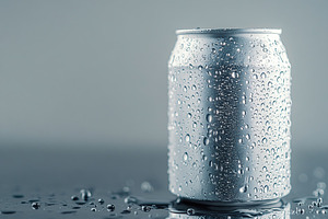 Aluminum can with water drops on grey background, a Food & Drink Photo by AlyaAnd
