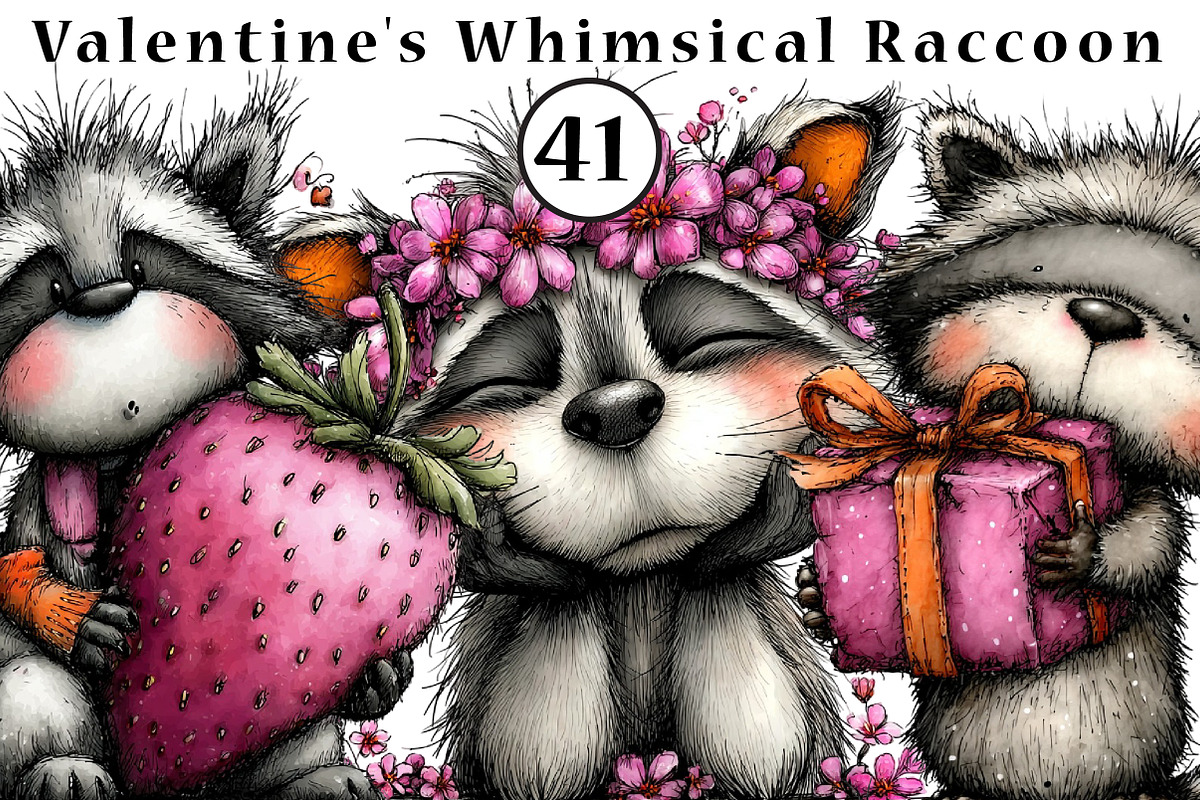 Valentine's Whimsical Raccoon Clipar, an Illustration by CreationArt (Photo 1 of 5)