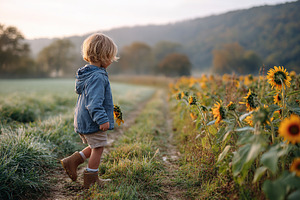 Child walks among sunflowers in a serene countryside setting during golden hour, a Photo by AlyaAnd