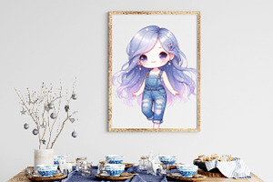 Watercolor Denim Girl Clipart