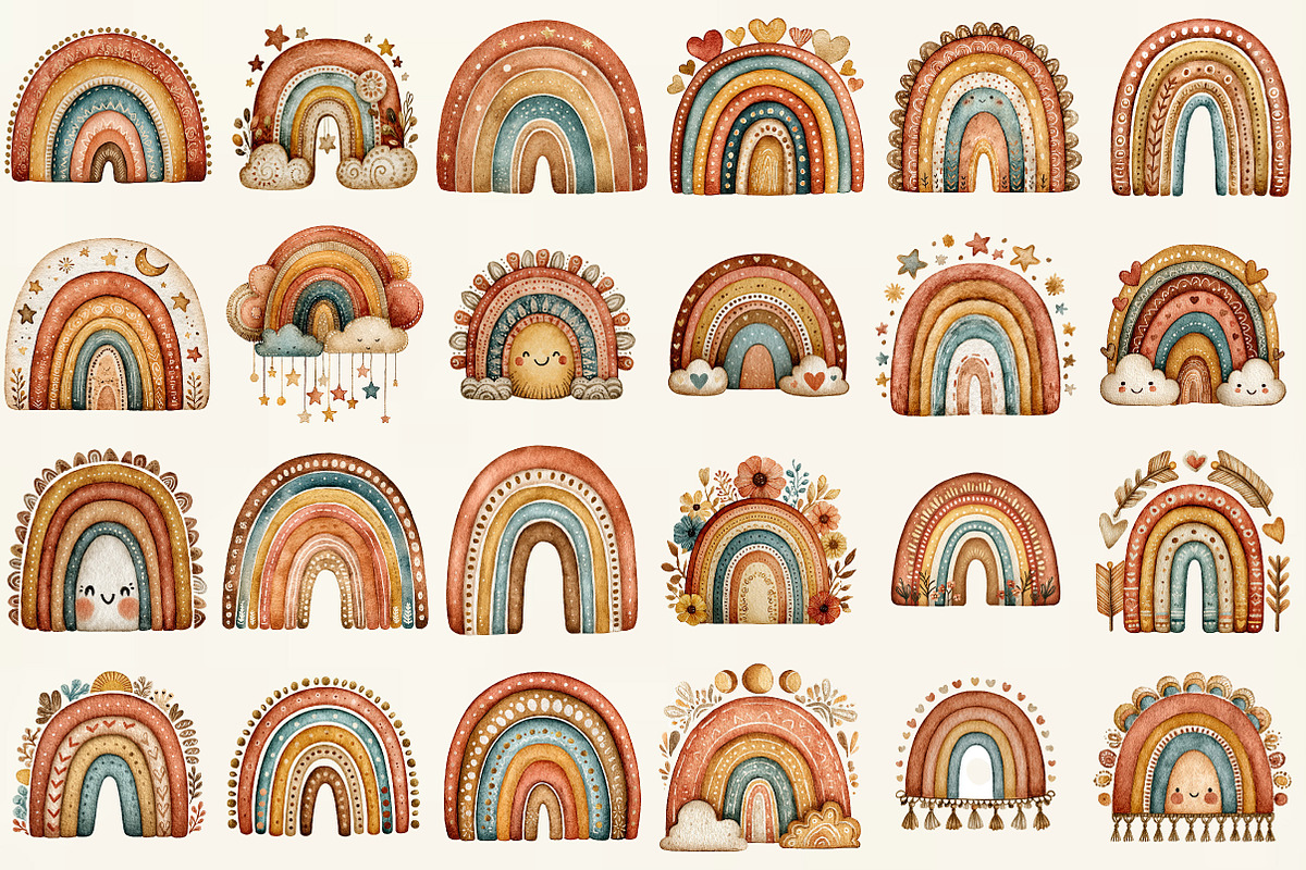 Watercolor Boho Rainbow Clipart, an Illustration by DreamCafeArt (Photo 3 of 6)