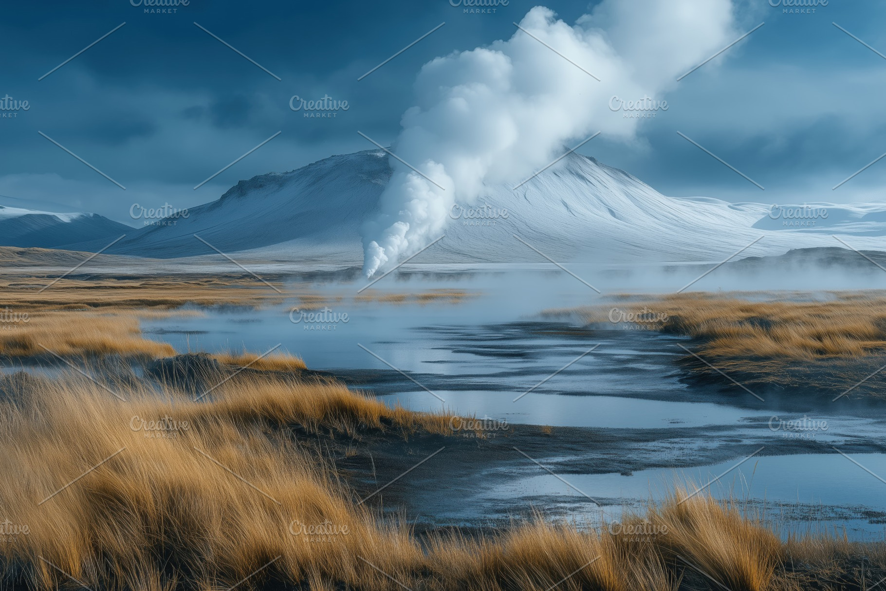 A serene landscape featuring a geothermal area with steam rising from the groun, a Nature Photo by Textures & Backgrounds