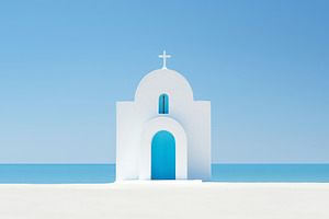 White church by the calm sea water, a Photo by Beautiful things