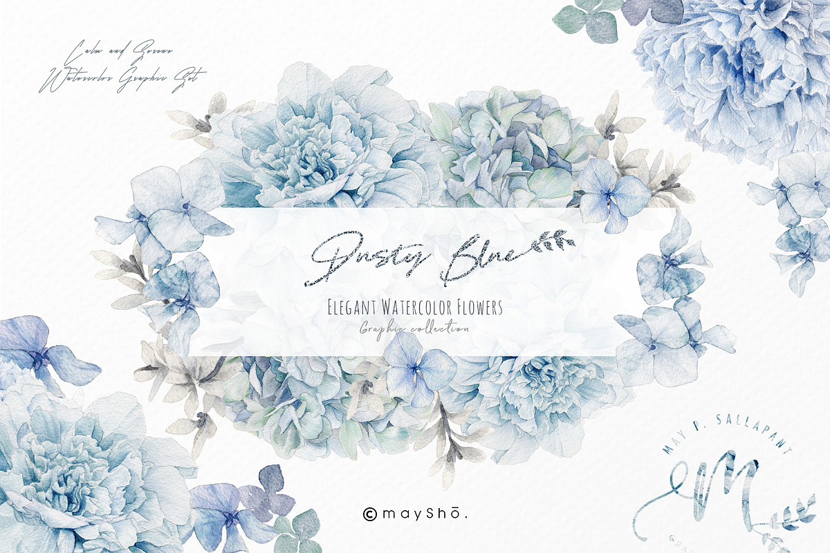 Dusty Blue Watercolor Flower Graphic, an Illustration by May • SHO (Photo 1 of 16)